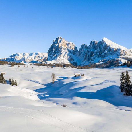 Hotel Schmung: our picture gallery Snow-covered alpine meadows with wooden huts and mountain backdrop in sunny winter