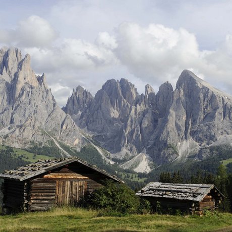 Hotel Schmung: our picture gallery Wooden huts on green meadow with the Dolomites mountains in background