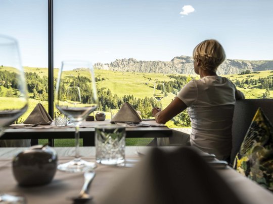 Hotel Schmung: una vacanza a contatto con la natura Persona in ristorante con vista sulle montagne verdi e cielo limpido